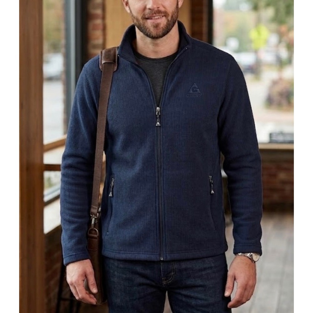 Gerry Mens Full Zip Ribbed Fleece Jacket Navy Blue Mock Neck Size Medium